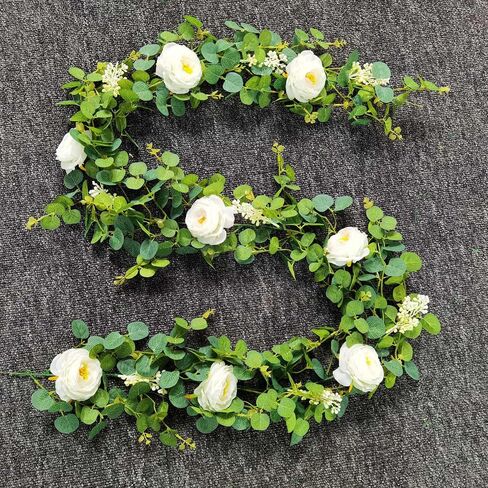 2 Pack Artificial Eucalyptus Garland Faux Silk Leaf Silver Dollar Eucalyptus Leaves Vines Handmade Garland Greenery Wedding Backdrop Indoor Outdoor Arch Wall Decoration in Saudi Arabia