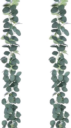 2 Pack Artificial Eucalyptus Garland Faux Silk Leaf Silver Dollar Eucalyptus Leaves Vines Handmade Garland Greenery Wedding Backdrop Indoor Outdoor Arch Wall Decoration in Saudi Arabia