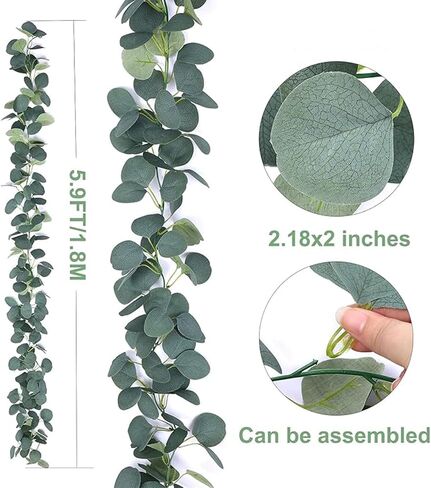 2 Pack Artificial Eucalyptus Garland Faux Silk Leaf Silver Dollar Eucalyptus Leaves Vines Handmade Garland Greenery Wedding Backdrop Indoor Outdoor Arch Wall Decoration in Saudi Arabia