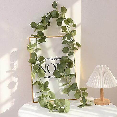 2 Pack Artificial Eucalyptus Garland Faux Silk Leaf Silver Dollar Eucalyptus Leaves Vines Handmade Garland Greenery Wedding Backdrop Indoor Outdoor Arch Wall Decoration in Saudi Arabia