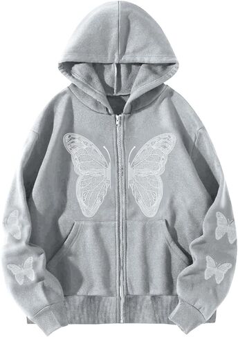 Women's Y2k Butterfly Zip Up Hoodie Oversized Graphic Print Sweatshirt Vintage Baggy Grunge Aesthetic Alt Emo Jackets in Kuwait