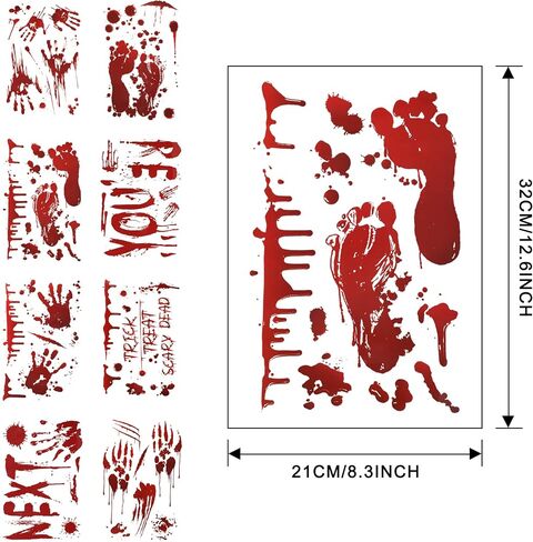 TOMALL 8 Sheets (77pcs) Halloween Stickers Bloody Handprint Footprint Red Blood Stickers for Window Mirror Wall Floor Car Halloween Theme Bleeding Self-Adhesive Creative Decals Decoration in Saudi Arabia