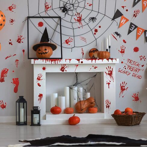 TOMALL 8 Sheets (77pcs) Halloween Stickers Bloody Handprint Footprint Red Blood Stickers for Window Mirror Wall Floor Car Halloween Theme Bleeding Self-Adhesive Creative Decals Decoration in Saudi Arabia