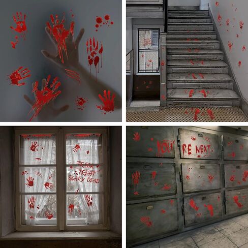 TOMALL 8 Sheets (77pcs) Halloween Stickers Bloody Handprint Footprint Red Blood Stickers for Window Mirror Wall Floor Car Halloween Theme Bleeding Self-Adhesive Creative Decals Decoration in Saudi Arabia