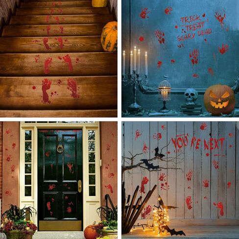 TOMALL 8 Sheets (77pcs) Halloween Stickers Bloody Handprint Footprint Red Blood Stickers for Window Mirror Wall Floor Car Halloween Theme Bleeding Self-Adhesive Creative Decals Decoration in Saudi Arabia