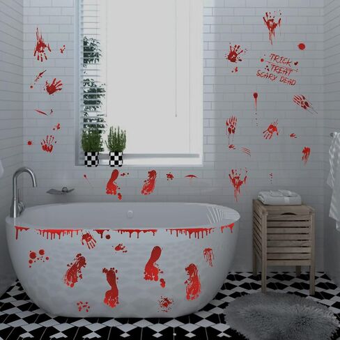 TOMALL 8 Sheets (77pcs) Halloween Stickers Bloody Handprint Footprint Red Blood Stickers for Window Mirror Wall Floor Car Halloween Theme Bleeding Self-Adhesive Creative Decals Decoration in Saudi Arabia