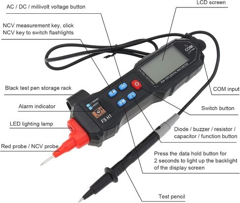 جهاز رقمي متعدد القلم نوع عدم الاتصال NCV AC/DC الجهد الكهربائي اختبار الفولتميتر أومتر مقاومة أوم، اختبار الصمام الثنائي، إنذار الاستمرارية، عداد خط مباشر/فارغ مع إضاءة خلفية LCD ومصباح يدوي in Saudi Arabia
