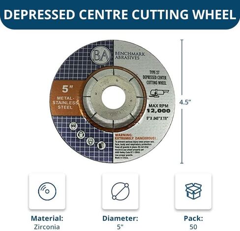 Benchmark Abrasives 5" T27 Depressed Center Cutting Wheels .045" Thick 7/8"Arbor, Metal Cutting Grinding Wheel, Angle Grinding Cutting Wheel Max. RPM 12,000-50 Pack in Saudi Arabia