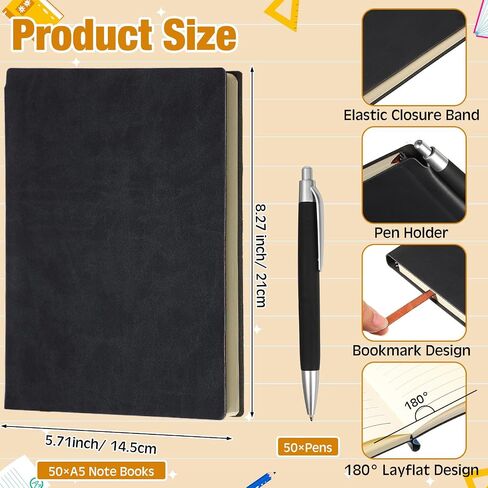 50 Pack Notebooks Journals Bulk with 50 Pens A5 Softcover Notebooks Waterproof School Notebooks Leather Ruled Journal with Pen for School Business Work, 200 Pages, 5.7" x 8.3" (Black) in Saudi Arabia