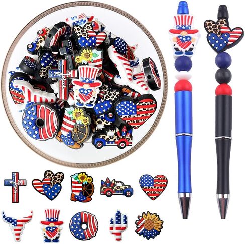 Yushen 40Pcs Patriotic Focal Beads 4th of July Silicone Beads Bulk for Beadable Pens Toppers Bracelet Charms Keychain Making Lanyard Gifts Memorial Independence Day in Saudi Arabia