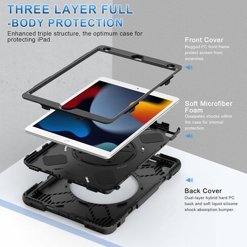 SUPFIVES Case for iPad 10.2 9th/ 8th/ 7th Generation, Upgraded Military Grade Shockproof Protector Silicone iPad Pro 10.5/ Air 3 Cover Pencil Holder+ Handle+ Shoulder Strap+ Rotating Kickstand, Black in Saudi Arabia