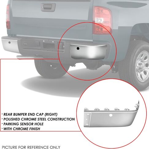 DNA MOTORING Rear Right Bumper End Cap Compatible with 07-13 Silverado/Sierra 1500 2500HD 3500HD Fleetside w/Sensor Holes, Chrome, BUMP-R-CS07-C-01-CH-R in Saudi Arabia