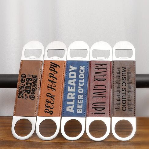 PYD Life 8 Pack Stainless Steel Flat Bottle Opener with Vintage Brown Leather Handle Blanks 1.6" x 7" for Glowforge Xtool Laser Engraing Custom Name Text Patterns,Beer Opener for Kitchen,Bar,Home in Saudi Arabia