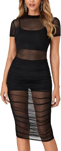 Vrtige Women's Mesh Dress Sheer Short Sleeve Bodycon 3 Piece Club Outfits with Cami Shorts in Saudi Arabia