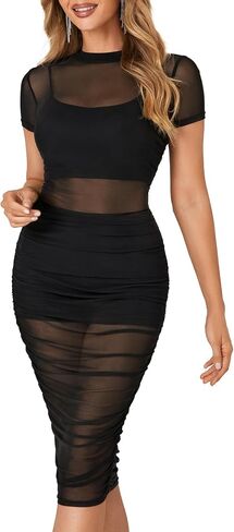 Vrtige Women's Mesh Dress Sheer Short Sleeve Bodycon 3 Piece Club Outfits with Cami Shorts in Saudi Arabia