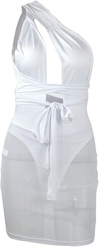 فستان نسائي شفاف - فستان قصير مثير شبكي شفاف بدون أكمام للحفلات بأشرطة مجوفة in Kuwait