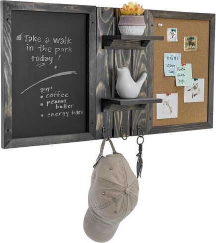 MyGift Wall Mounted Vintage Gray Wood Entryway Bulletin Board Combo Set with Chalkboard, Cork Board, 2 Storage Display Shelves and 3 Key Hooks, Family Command Center Wall Organizer in Saudi Arabia