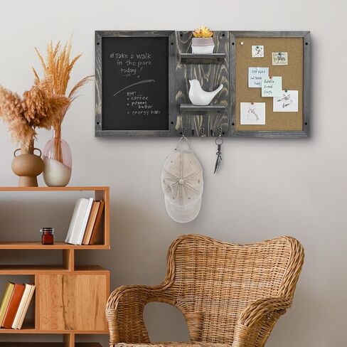 MyGift Wall Mounted Vintage Gray Wood Entryway Bulletin Board Combo Set with Chalkboard, Cork Board, 2 Storage Display Shelves and 3 Key Hooks, Family Command Center Wall Organizer in Saudi Arabia