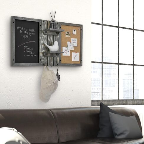MyGift Wall Mounted Vintage Gray Wood Entryway Bulletin Board Combo Set with Chalkboard, Cork Board, 2 Storage Display Shelves and 3 Key Hooks, Family Command Center Wall Organizer in Saudi Arabia