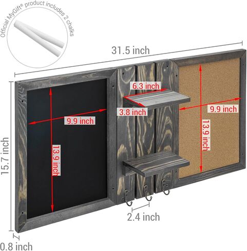 MyGift Wall Mounted Vintage Gray Wood Entryway Bulletin Board Combo Set with Chalkboard, Cork Board, 2 Storage Display Shelves and 3 Key Hooks, Family Command Center Wall Organizer in Saudi Arabia
