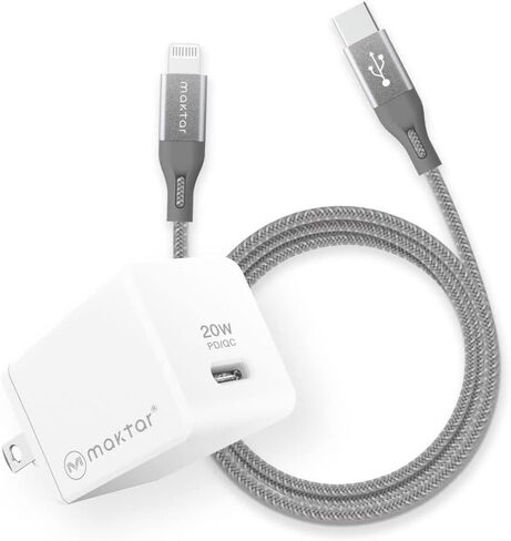 شاحن Maktar 20W USB C GaN، PD/QC 3.0 GaN II PPS شاحن سريع مدمج، شاحن سريع مدمج متين مع كابل USB-C إلى Lightning بطول 3.9 قدم (معتمد من MFi) لهاتف iPhone 14/13/14Pro/13Pro Max، AirPods Pro in Saudi Arabia