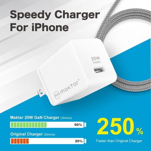 شاحن Maktar 20W USB C GaN، PD/QC 3.0 GaN II PPS شاحن سريع مدمج، شاحن سريع مدمج متين مع كابل USB-C إلى Lightning بطول 3.9 قدم (معتمد من MFi) لهاتف iPhone 14/13/14Pro/13Pro Max، AirPods Pro in Saudi Arabia
