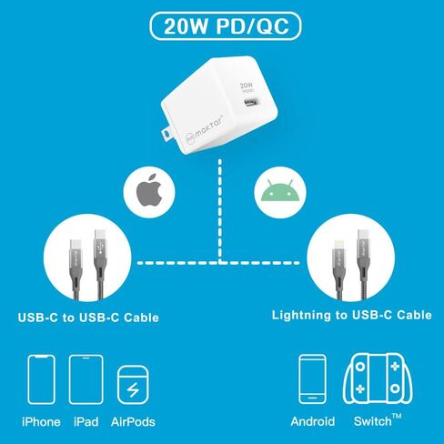 شاحن Maktar 20W USB C GaN، PD/QC 3.0 GaN II PPS شاحن سريع مدمج، شاحن سريع مدمج متين مع كابل USB-C إلى Lightning بطول 3.9 قدم (معتمد من MFi) لهاتف iPhone 14/13/14Pro/13Pro Max، AirPods Pro in Saudi Arabia