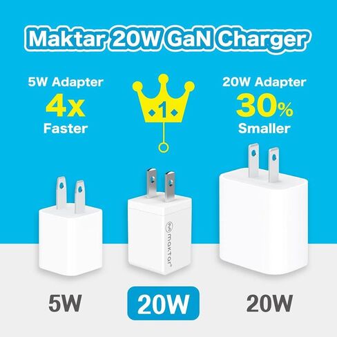 شاحن Maktar 20W USB C GaN، PD/QC 3.0 GaN II PPS شاحن سريع مدمج، شاحن سريع مدمج متين مع كابل USB-C إلى Lightning بطول 3.9 قدم (معتمد من MFi) لهاتف iPhone 14/13/14Pro/13Pro Max، AirPods Pro in Saudi Arabia