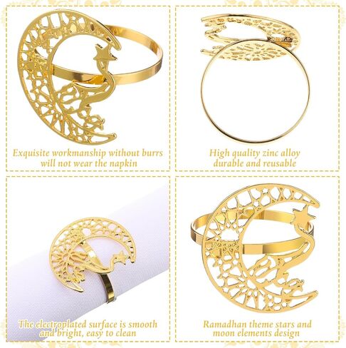 Gold Napkin Rings Set of 12 Rhinestone Moon and Star Metal Napkin Holder Eid al Adha Mubarak Napkin Rings Napkin Buckles Eid al Adha Mubarak Table Decoration for Muslim Theme Party in Saudi Arabia
