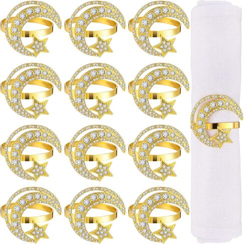 Gold Napkin Rings Set of 12 Rhinestone Moon and Star Metal Napkin Holder Eid al Adha Mubarak Napkin Rings Napkin Buckles Eid al Adha Mubarak Table Decoration for Muslim Theme Party in Saudi Arabia