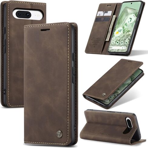 for Google Pixel 8A 2024 Flip Matte Leather Case, Slim Stitched Frosted PU Folio Book Wallet Cover with Kickstand, Card Holders, Cash Slot, Magnetic Closure. Talk w/Front Cover Closed (Coffee) in Saudi Arabia