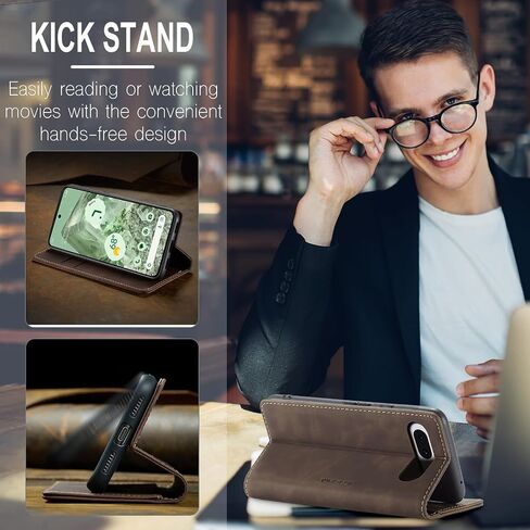 for Google Pixel 8A 2024 Flip Matte Leather Case, Slim Stitched Frosted PU Folio Book Wallet Cover with Kickstand, Card Holders, Cash Slot, Magnetic Closure. Talk w/Front Cover Closed (Coffee) in Saudi Arabia