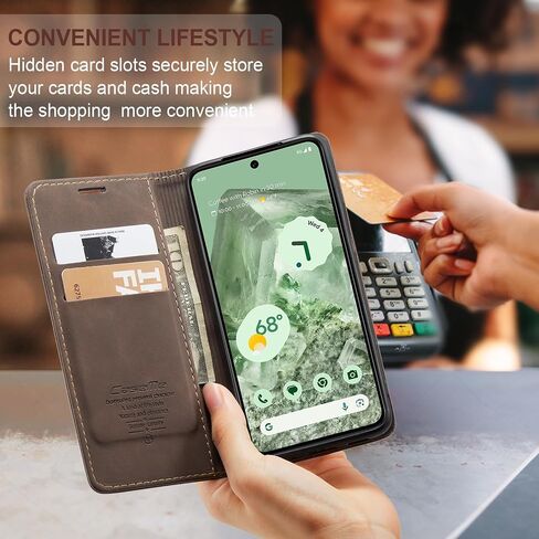 for Google Pixel 8A 2024 Flip Matte Leather Case, Slim Stitched Frosted PU Folio Book Wallet Cover with Kickstand, Card Holders, Cash Slot, Magnetic Closure. Talk w/Front Cover Closed (Coffee) in Saudi Arabia