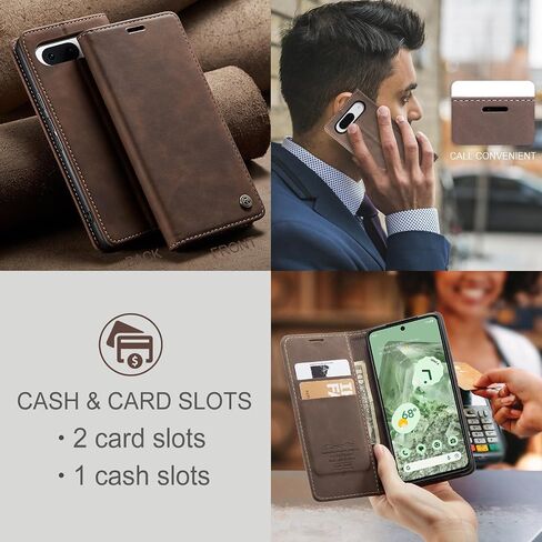 for Google Pixel 8A 2024 Flip Matte Leather Case, Slim Stitched Frosted PU Folio Book Wallet Cover with Kickstand, Card Holders, Cash Slot, Magnetic Closure. Talk w/Front Cover Closed (Coffee) in Saudi Arabia