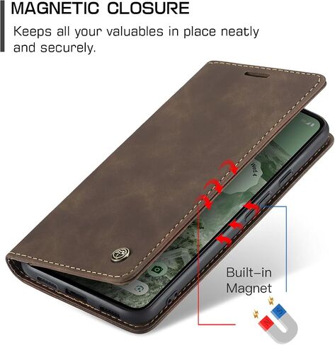 for Google Pixel 8A 2024 Flip Matte Leather Case, Slim Stitched Frosted PU Folio Book Wallet Cover with Kickstand, Card Holders, Cash Slot, Magnetic Closure. Talk w/Front Cover Closed (Coffee) in Saudi Arabia