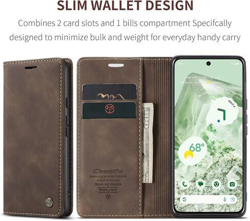 for Google Pixel 8A 2024 Flip Matte Leather Case, Slim Stitched Frosted PU Folio Book Wallet Cover with Kickstand, Card Holders, Cash Slot, Magnetic Closure. Talk w/Front Cover Closed (Coffee) in Saudi Arabia