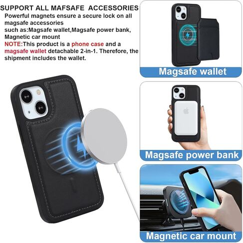 iPhone 13 Mini case with Credit Card Holder mag Safe, iPhone 13 Mini Phone Leather Case Wallet for Women Compatible mag Safe Wallet Detachable 2-in-1 for Men-Black in Saudi Arabia