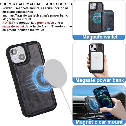 iPhone 13 Mini case with Credit Card Holder mag Safe, iPhone 13 Mini Phone Leather Case Wallet for Women Compatible mag Safe Wallet Detachable 2-in-1 for Men-Black in Kuwait