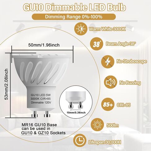 GU10 لمبة LED قابلة للتعتيم، 50 وات مكافئ هالوجين، أبيض دافئ 3000 ك، 120 فولت 5 وات 500LM MR16 مصابيح كشاف لإضاءة السقف المزخرفة، 6 عبوات in Kuwait