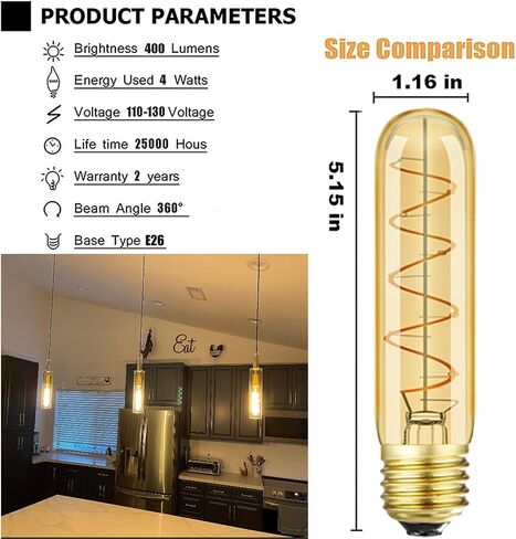 Vintage LED Spiral Filament Bulb T14, E26 LED Bulb 4W Equivalent E26 Bulb 40 Watt Warm White 2200K E26 Edison Bulb dimmable AC120V 400LM,Decorative Antique Filament Light Bulbs,Amber Glass,Pack of 4 in Saudi Arabia
