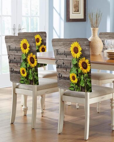 Spring Floral Chair Back Cover, Dining Chair Protector Covers, Sunflowers Thankful Grateful Wood Chair Covers Removable Chair Slipcovers for Weeding Banquet Party 19"x18", 4 Pack in Saudi Arabia