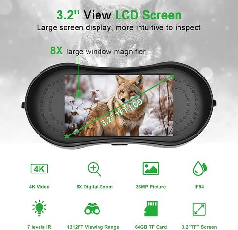 [2024 Presell] نظارات رؤية ليلية 4K للبالغين، مناظير رقمية تعمل بالأشعة تحت الحمراء مع بصريات عالية الأداء وشاشة كبيرة مقاس 3.2 بوصة للصيد والتخييم والأمن، بما في ذلك بطاقة SDCard سعة 64 جيجابايت وبطارية قابلة لإعادة الشحن in Kuwait