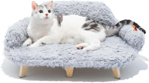 MEWOOFUN Removable Washable Cover Cat Bed - 26"x18.3"x8.5" Elevated Wooden Pet Sofa for Cats & Small to Medium Dogs, Modern Pet Furniture (Grey) in Saudi Arabia