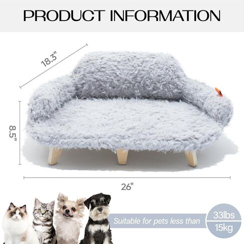 MEWOOFUN Removable Washable Cover Cat Bed - 26"x18.3"x8.5" Elevated Wooden Pet Sofa for Cats & Small to Medium Dogs, Modern Pet Furniture (Grey) in Saudi Arabia
