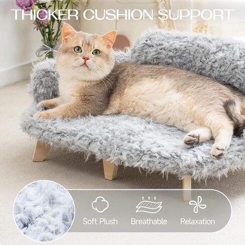 MEWOOFUN Removable Washable Cover Cat Bed - 26"x18.3"x8.5" Elevated Wooden Pet Sofa for Cats & Small to Medium Dogs, Modern Pet Furniture (Grey) in Saudi Arabia