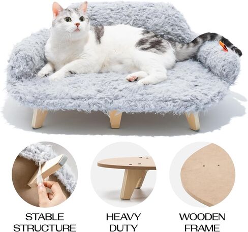 MEWOOFUN Removable Washable Cover Cat Bed - 26"x18.3"x8.5" Elevated Wooden Pet Sofa for Cats & Small to Medium Dogs, Modern Pet Furniture (Grey) in Saudi Arabia