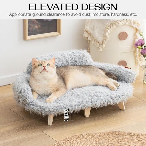 MEWOOFUN Removable Washable Cover Cat Bed - 26"x18.3"x8.5" Elevated Wooden Pet Sofa for Cats & Small to Medium Dogs, Modern Pet Furniture (Grey) in Saudi Arabia