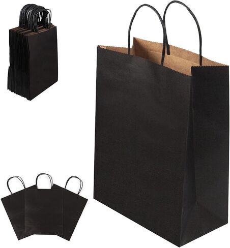 KAMMAK Paper Gift Bags 8.1x4.5x10.5 25pcs Black Kraft Paper Bags with Handles Bulk Medium Size as Business Bags, Party Bags, Retail Bags, Shopping Bags, Birthday Bags, Craft Bags in Saudi Arabia