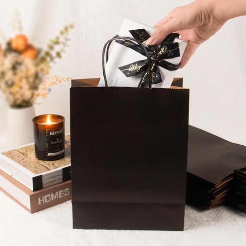 KAMMAK Paper Gift Bags 8.1x4.5x10.5 25pcs Black Kraft Paper Bags with Handles Bulk Medium Size as Business Bags, Party Bags, Retail Bags, Shopping Bags, Birthday Bags, Craft Bags in Saudi Arabia