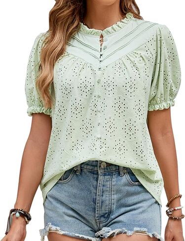 Women's Summer Tops Dressy Casual Short Lantern Sleeve Blouses V Neck Buttons Lace Eyelet Tops Shirts 2024 in Saudi Arabia